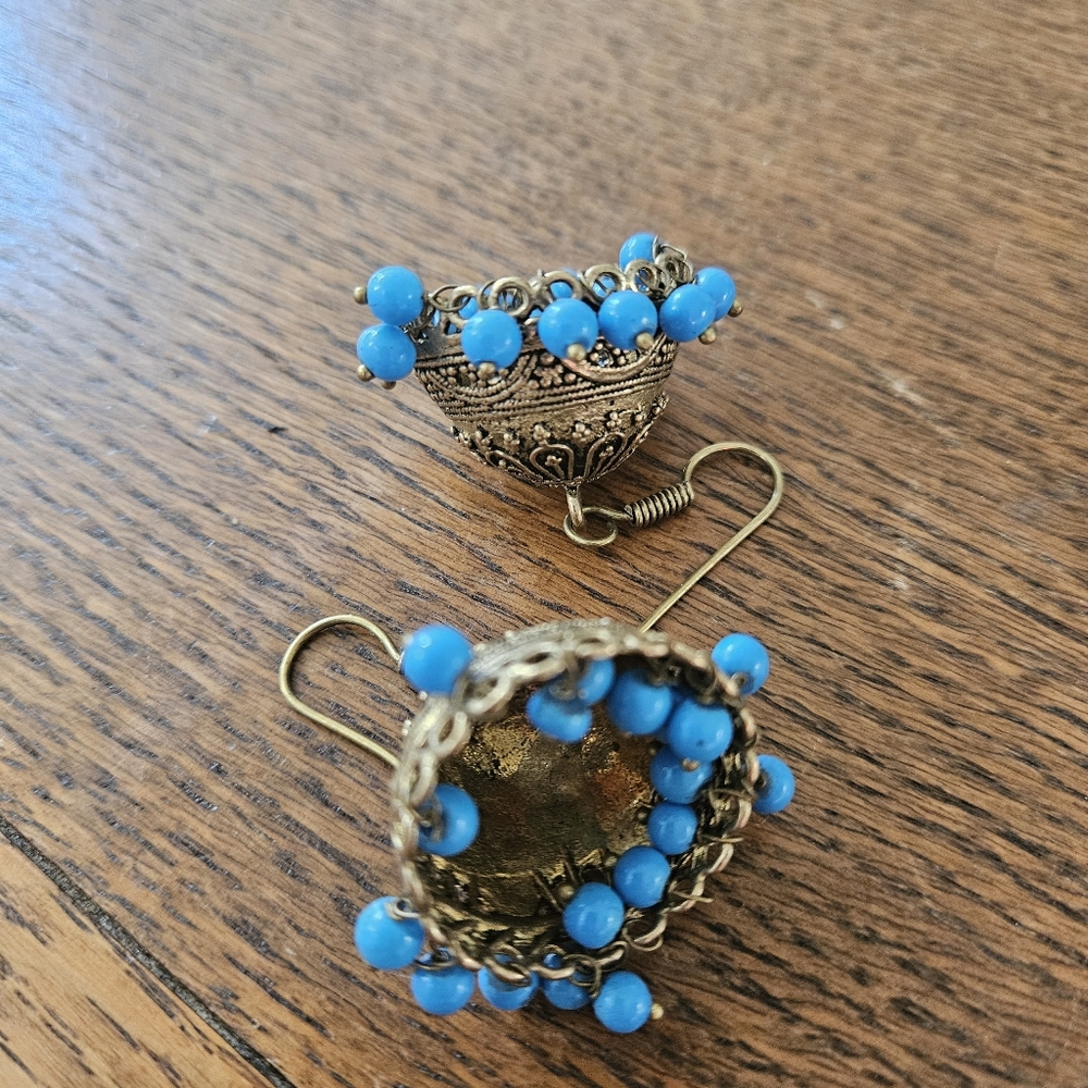 Jhumka Earrings with Turquoise Beads - Picture 6 of 7